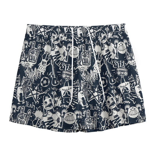 Graffiti Monster Characters Print Mesh Shorts