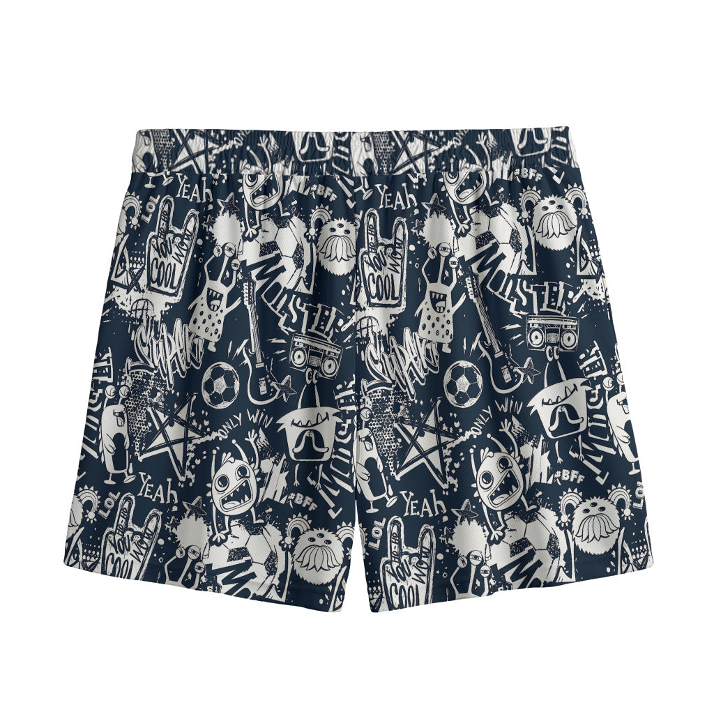 Graffiti Monster Characters Print Mesh Shorts