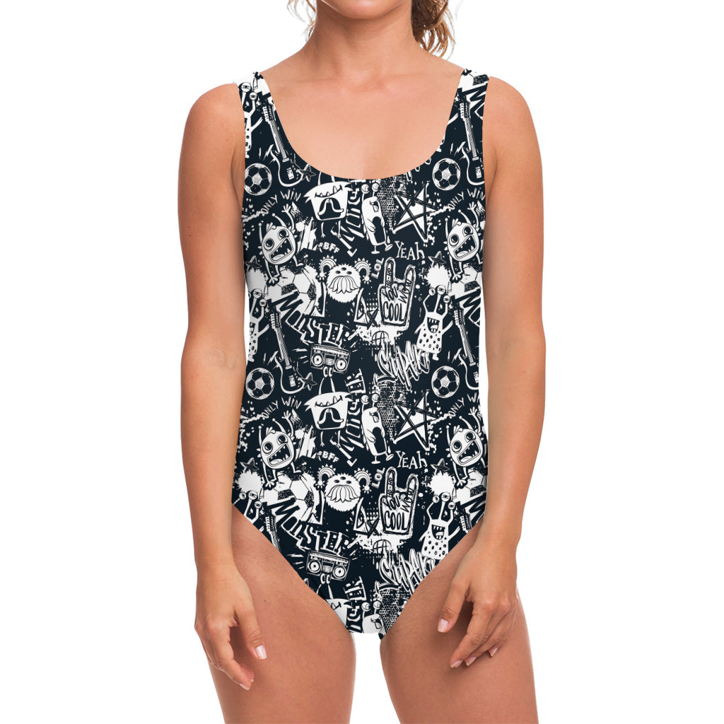 Graffiti Monster Characters Print One Piece Swimsuit