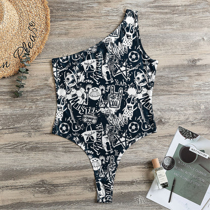 Graffiti Monster Characters Print One Shoulder Bodysuit