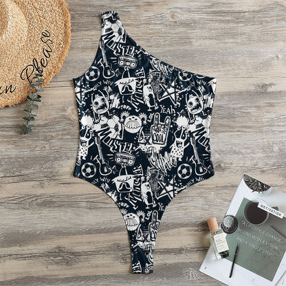 Graffiti Monster Characters Print One Shoulder Bodysuit