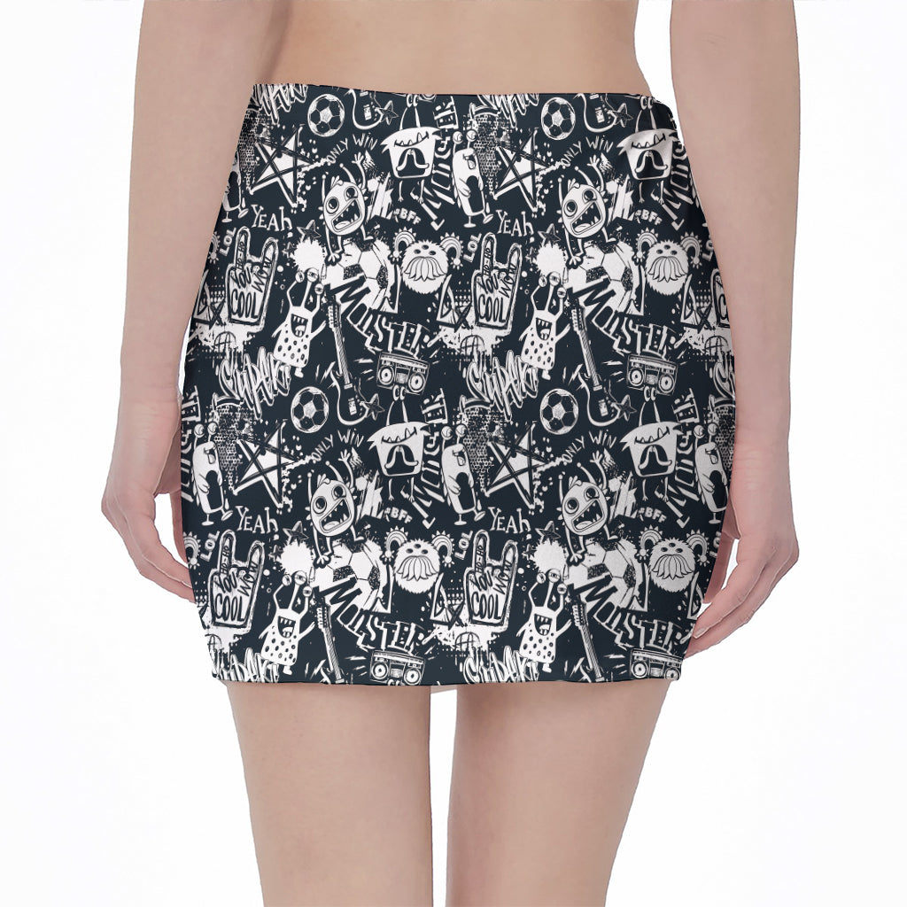 Graffiti Monster Characters Print Pencil Mini Skirt