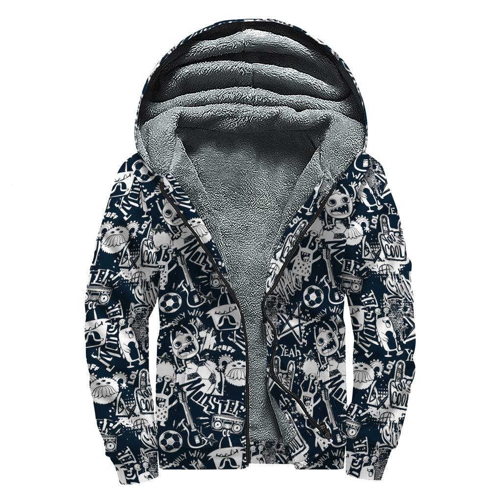 Graffiti Monster Characters Print Sherpa Lined Zip Up Hoodie