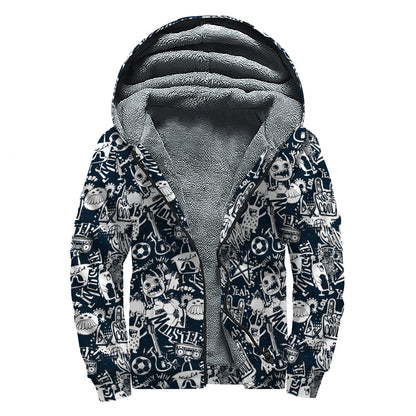 Graffiti Monster Characters Print Sherpa Lined Zip Up Hoodie