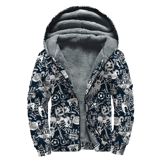 Graffiti Monster Characters Print Sherpa Lined Zip Up Hoodie