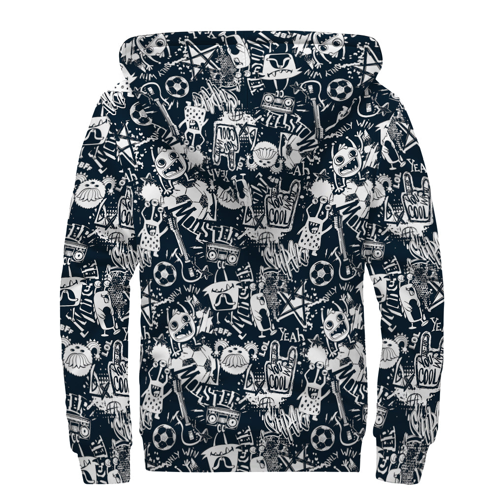Graffiti Monster Characters Print Sherpa Lined Zip Up Hoodie