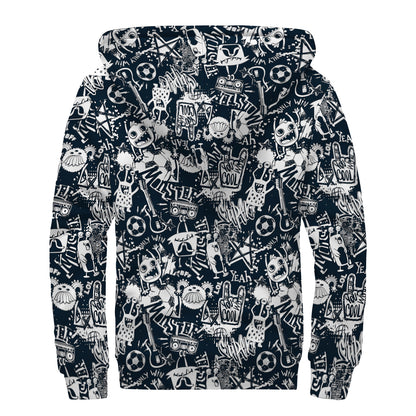 Graffiti Monster Characters Print Sherpa Lined Zip Up Hoodie