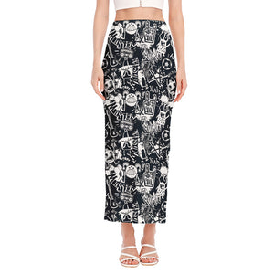 Graffiti Monster Characters Print Side Slit Maxi Skirt