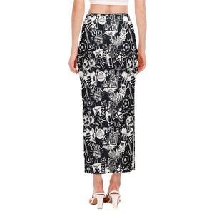 Graffiti Monster Characters Print Side Slit Maxi Skirt