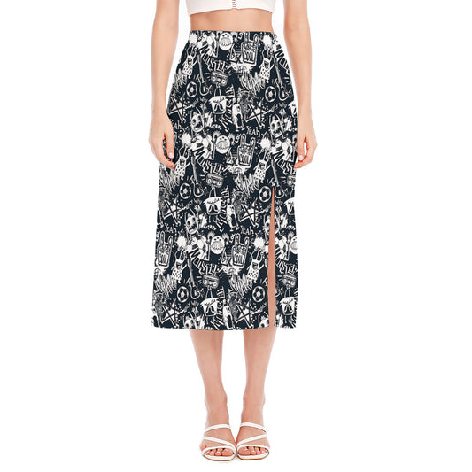 Graffiti Monster Characters Print Side Slit Midi Skirt