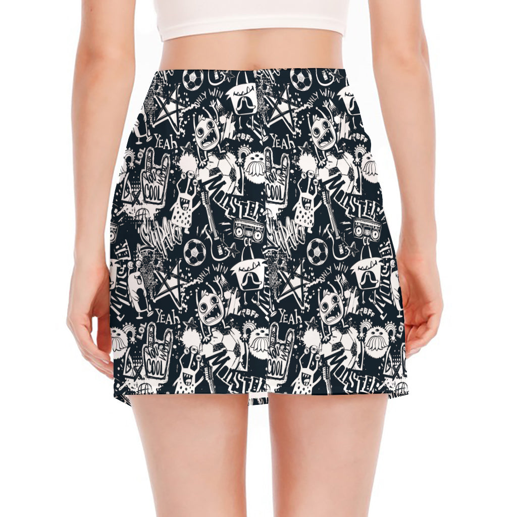 Graffiti Monster Characters Print Side Slit Mini Skirt
