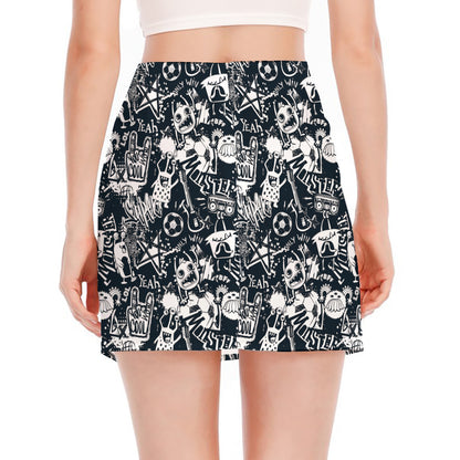 Graffiti Monster Characters Print Side Slit Mini Skirt