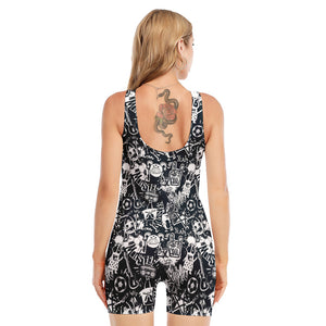 Graffiti Monster Characters Print Sleeveless One Piece Swimsuit