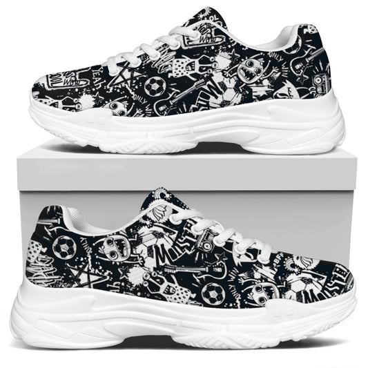 Graffiti Monster Characters Print White Chunky Shoes