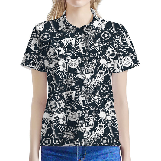 Graffiti Monster Characters Print Women's Polo Shirt