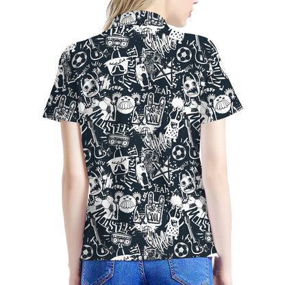 Graffiti Monster Characters Print Women's Polo Shirt
