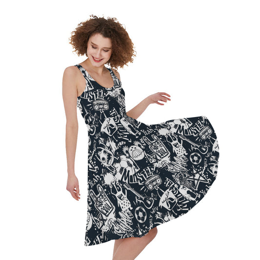 Graffiti Monster Characters Print Women's Sleeveless Dress