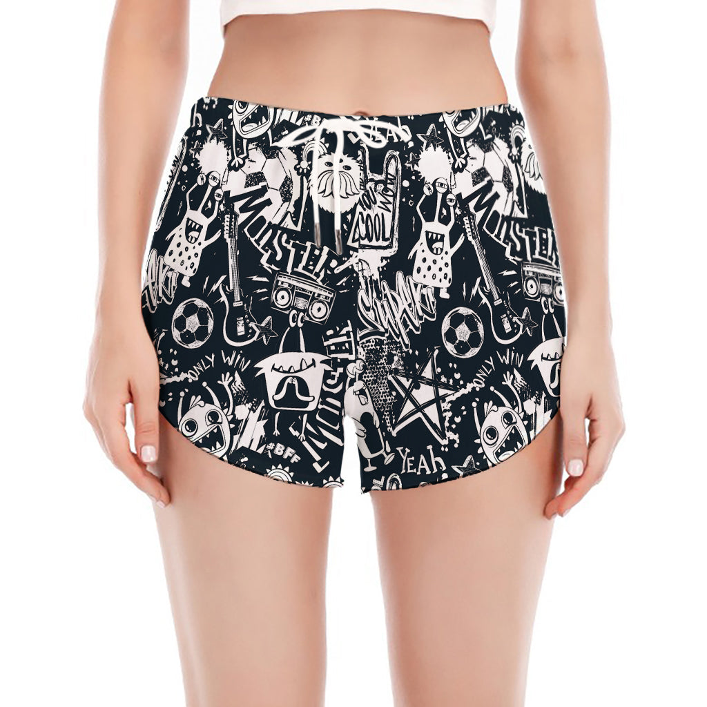Graffiti Monster Characters Print Women's Split Running Shorts
