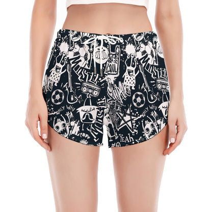 Graffiti Monster Characters Print Women's Split Running Shorts