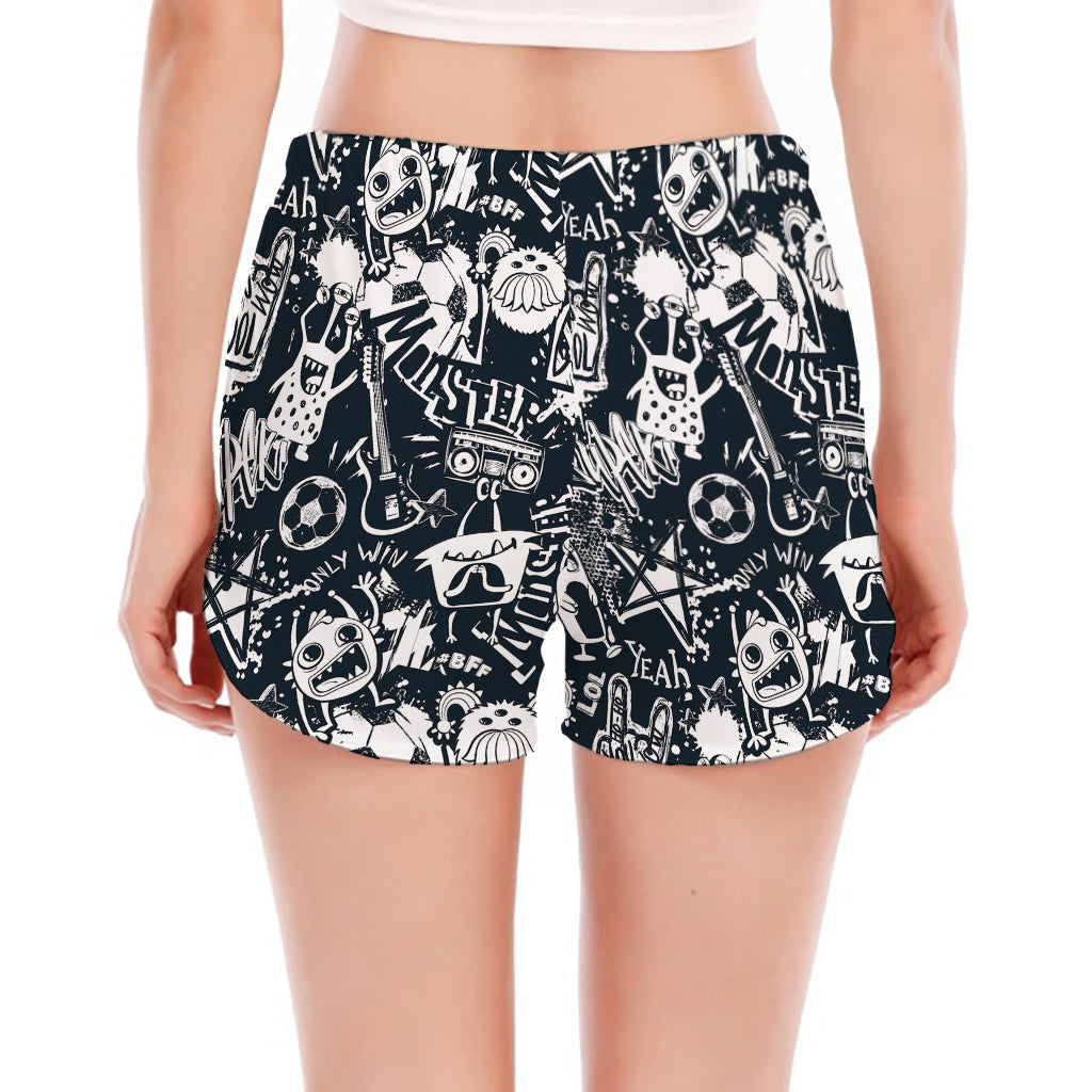 Graffiti Monster Characters Print Women's Split Running Shorts