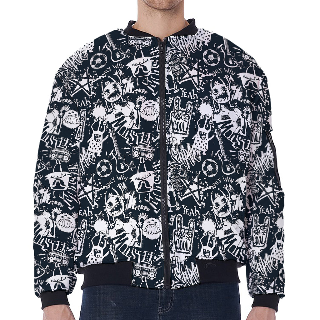 Graffiti Monster Characters Print Zip Sleeve Bomber Jacket