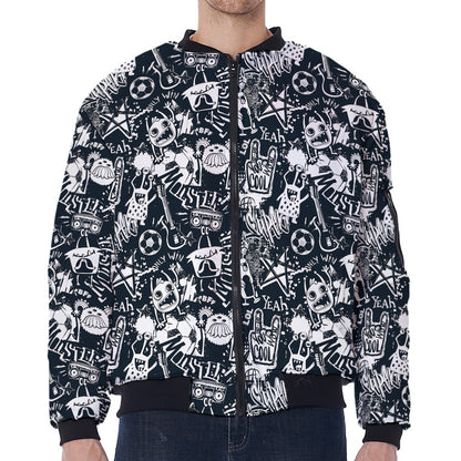 Graffiti Monster Characters Print Zip Sleeve Bomber Jacket