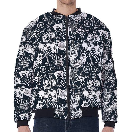 Graffiti Monster Characters Print Zip Sleeve Bomber Jacket
