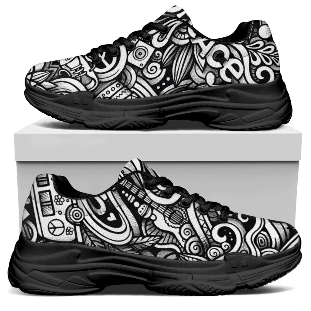Graffiti Surfing Pattern Print Black Chunky Shoes