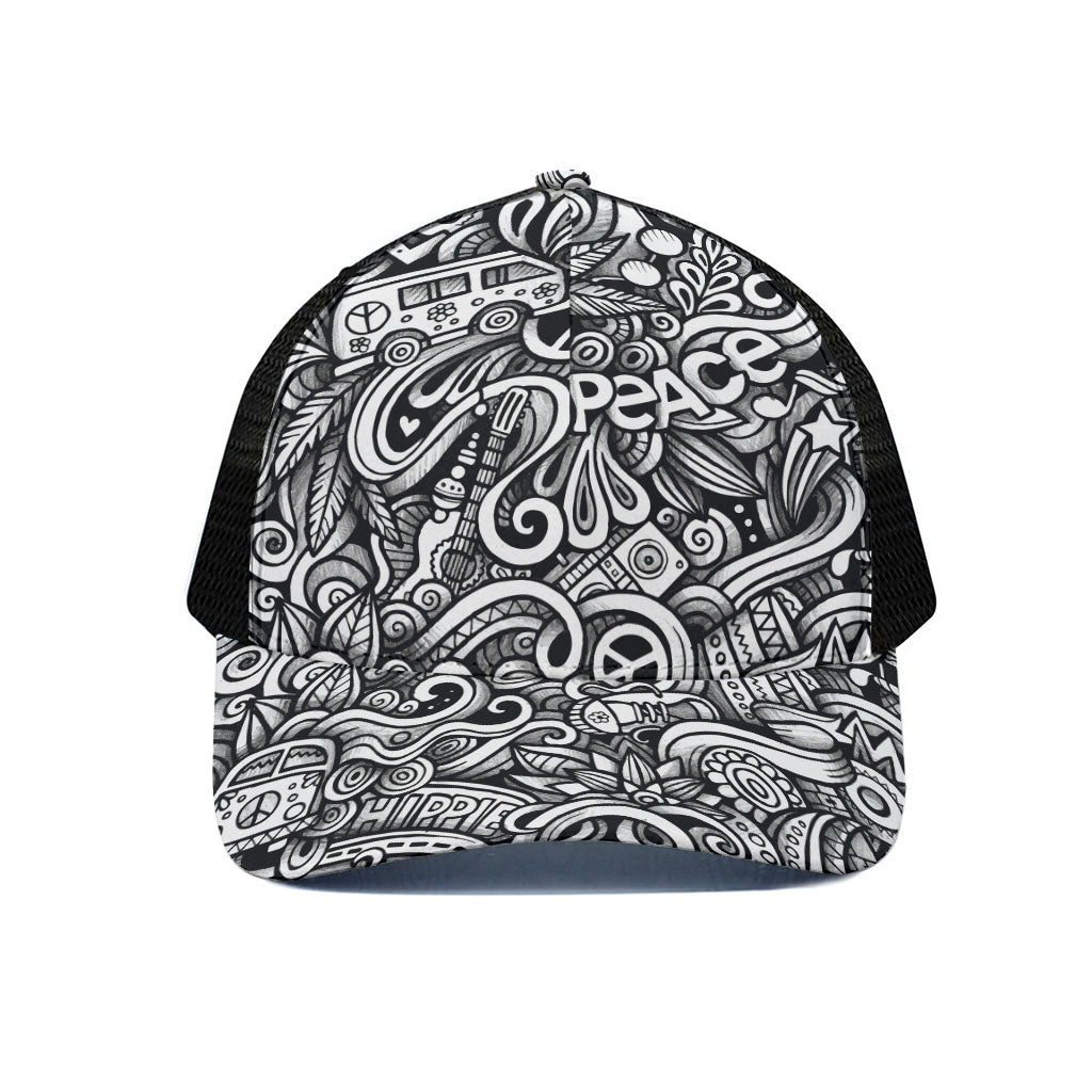Graffiti Surfing Pattern Print Black Mesh Trucker Cap