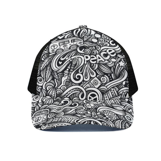 Graffiti Surfing Pattern Print Black Mesh Trucker Cap