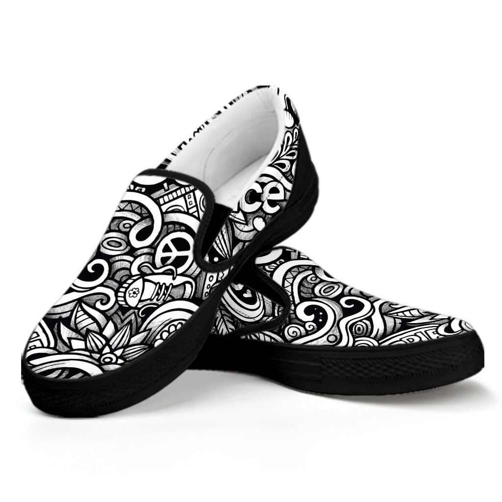 Graffiti Surfing Pattern Print Black Slip On Sneakers