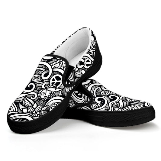 Graffiti Surfing Pattern Print Black Slip On Sneakers