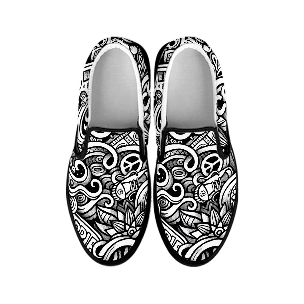 Graffiti Surfing Pattern Print Black Slip On Sneakers