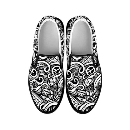 Graffiti Surfing Pattern Print Black Slip On Sneakers