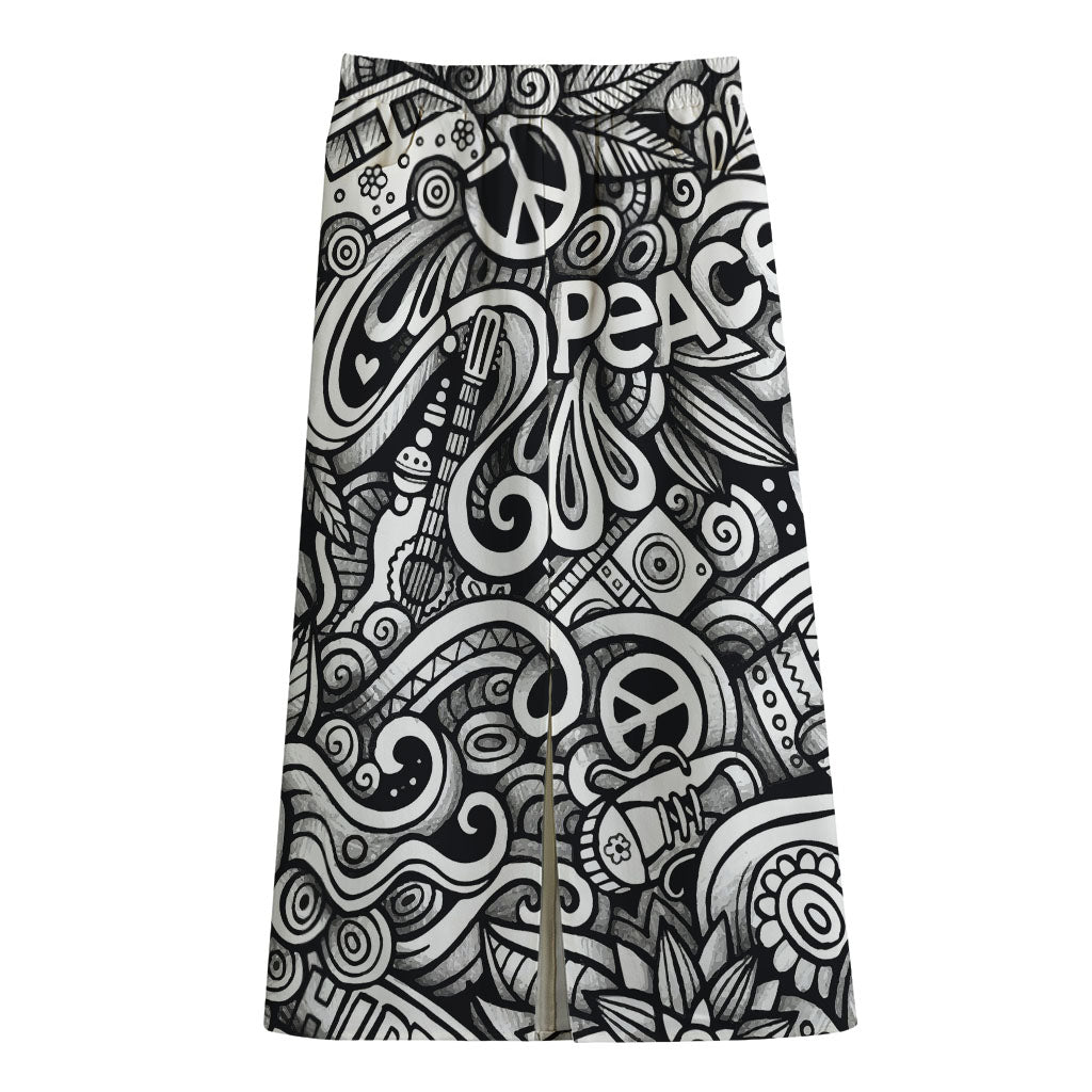 Graffiti Surfing Pattern Print Cotton Front Slit Maxi Skirt