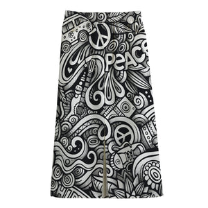 Graffiti Surfing Pattern Print Cotton Front Slit Maxi Skirt