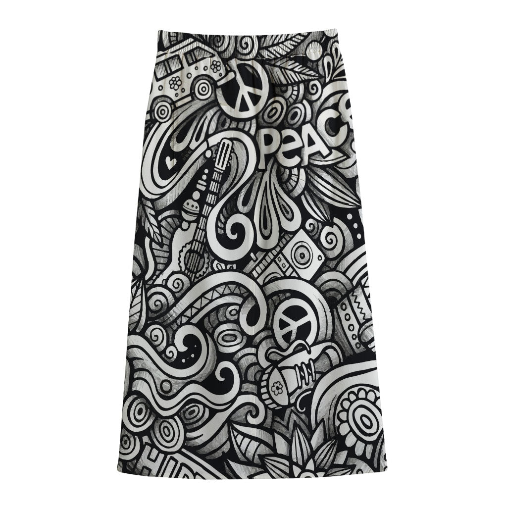 Graffiti Surfing Pattern Print Cotton Front Slit Maxi Skirt