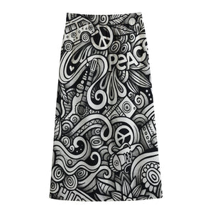 Graffiti Surfing Pattern Print Cotton Front Slit Maxi Skirt