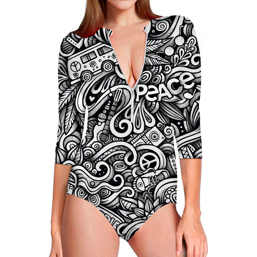 Graffiti Surfing Pattern Print Long Sleeve Swimsuit