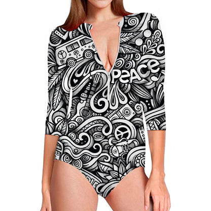 Graffiti Surfing Pattern Print Long Sleeve Swimsuit