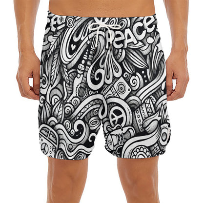 Graffiti Surfing Pattern Print Men's Split Running Shorts