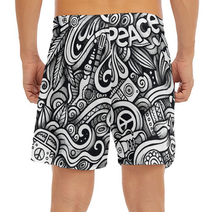 Graffiti Surfing Pattern Print Men's Split Running Shorts