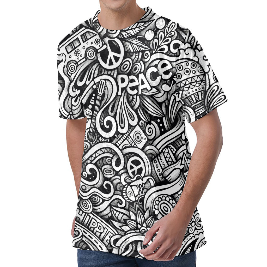 Graffiti Surfing Pattern Print Men's Velvet T-Shirt