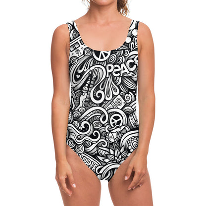 Graffiti Surfing Pattern Print One Piece Swimsuit