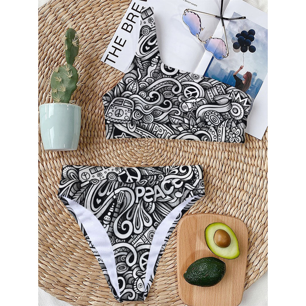 Graffiti Surfing Pattern Print One Shoulder Bikini Top