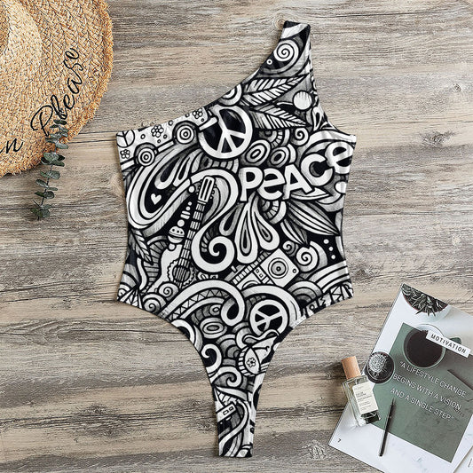 Graffiti Surfing Pattern Print One Shoulder Bodysuit