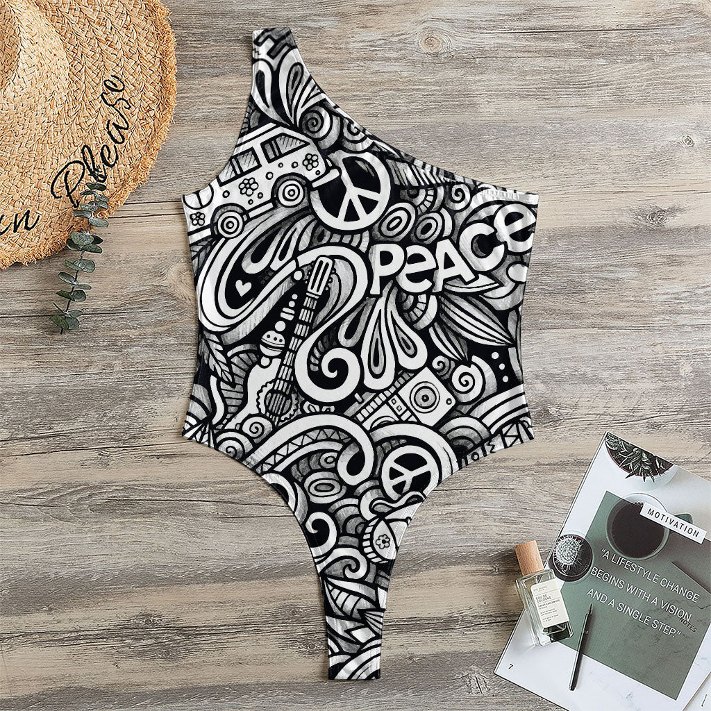 Graffiti Surfing Pattern Print One Shoulder Bodysuit