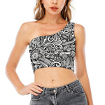 Graffiti Surfing Pattern Print One Shoulder Crop Top