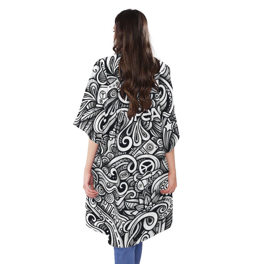 Graffiti Surfing Pattern Print Open Front Beach Cover Up