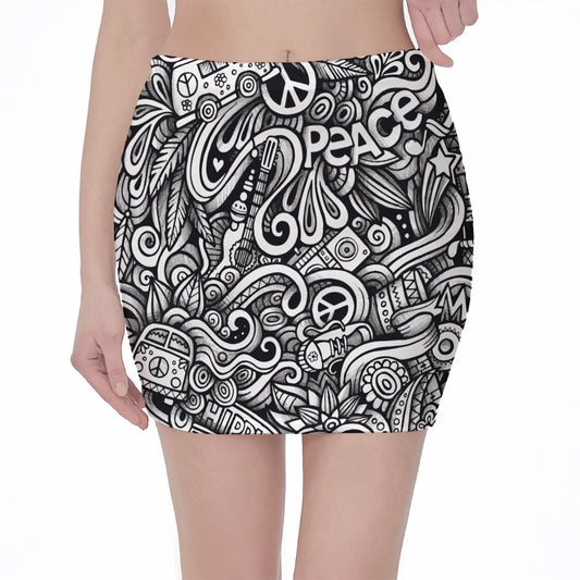 Graffiti Surfing Pattern Print Pencil Mini Skirt